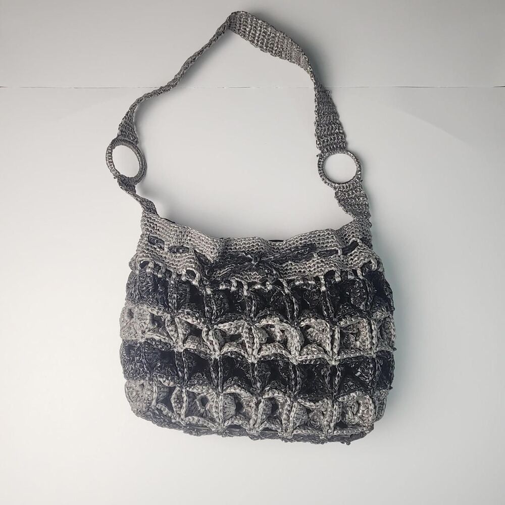 Handmade Upcycled Plarn Crochet Shoulder Bag / Tote - Charcoal Gray & Black